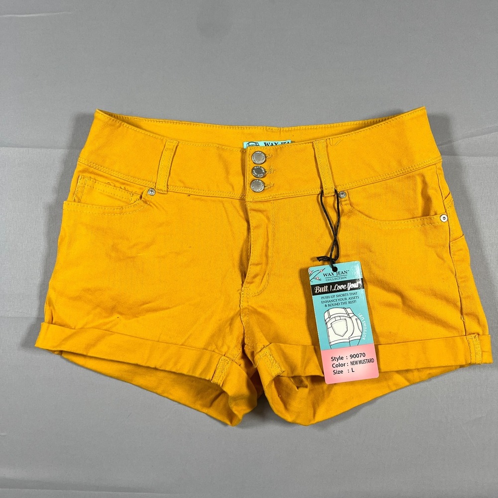 Wax Jean Butt I Love You Push Up Shorts Womens Large Mustard Cotton Cuffed Hem